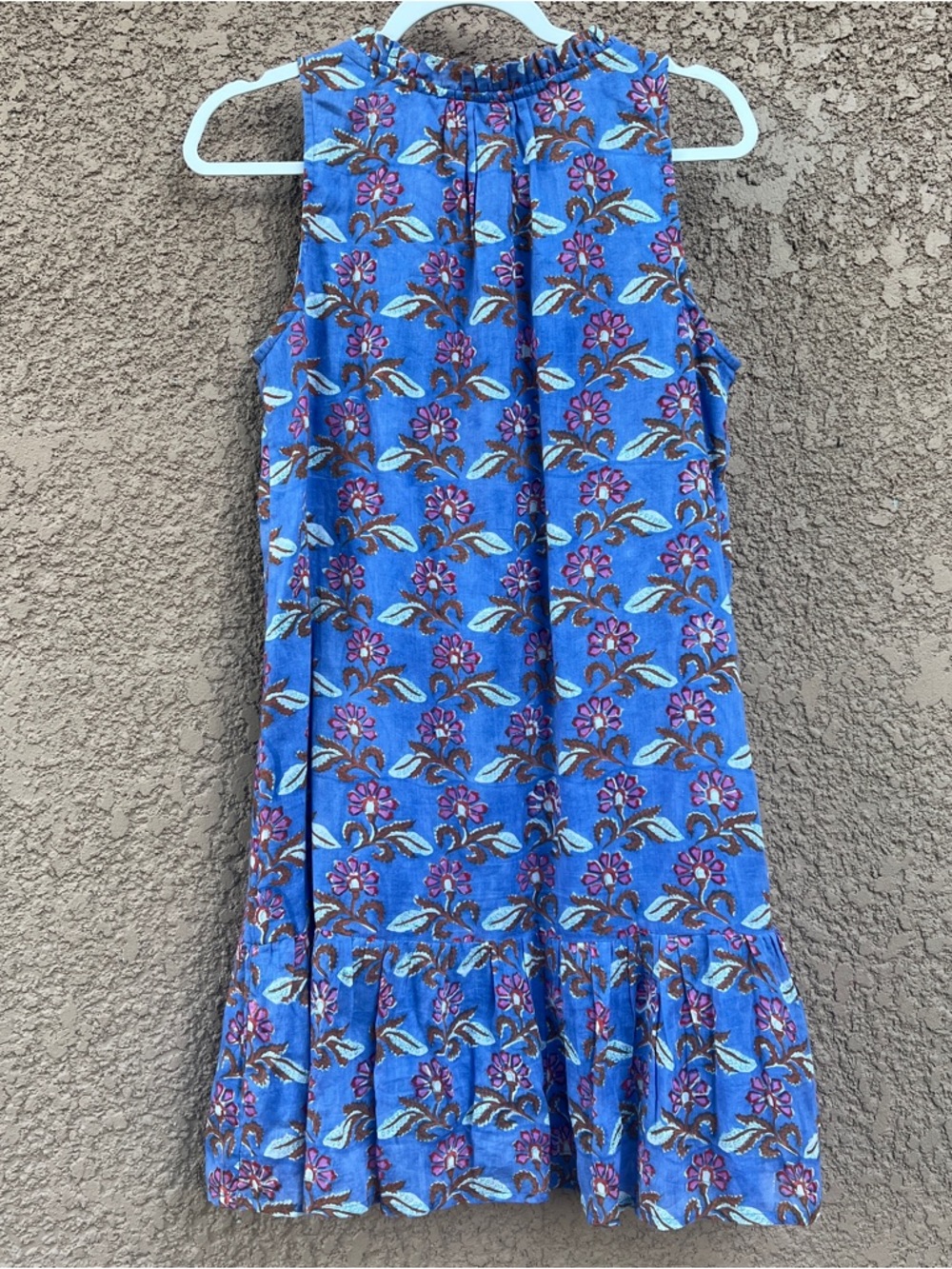 Oliphant Blue Floral Block Print Cotton Tiered Mini Dress Small Sleeveless Boho - Picture 12 of 14